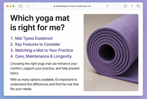 A buyer guide page on a yoga studio website with a contents list and opening text