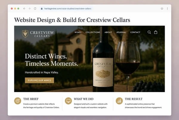 A case study page for a wine merchant showing the brief, the work and the result