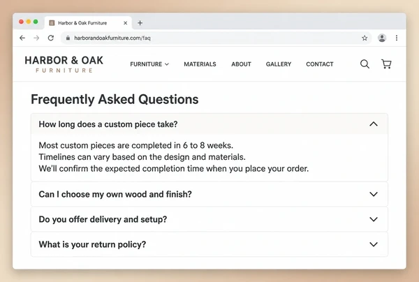 An FAQ page on a furniture maker website with four questions and the first one open