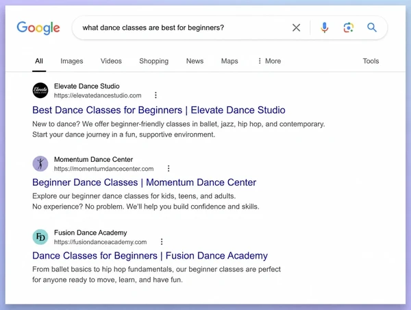 A Google results page where a dance studio guide answers the customer's question
