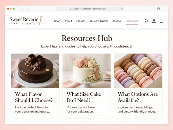 A resources hub on a patisserie website listing three guides as cards