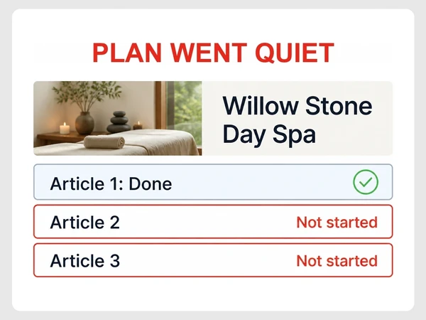Willow Stone Day Spa's content plan shows one article done and two not started.