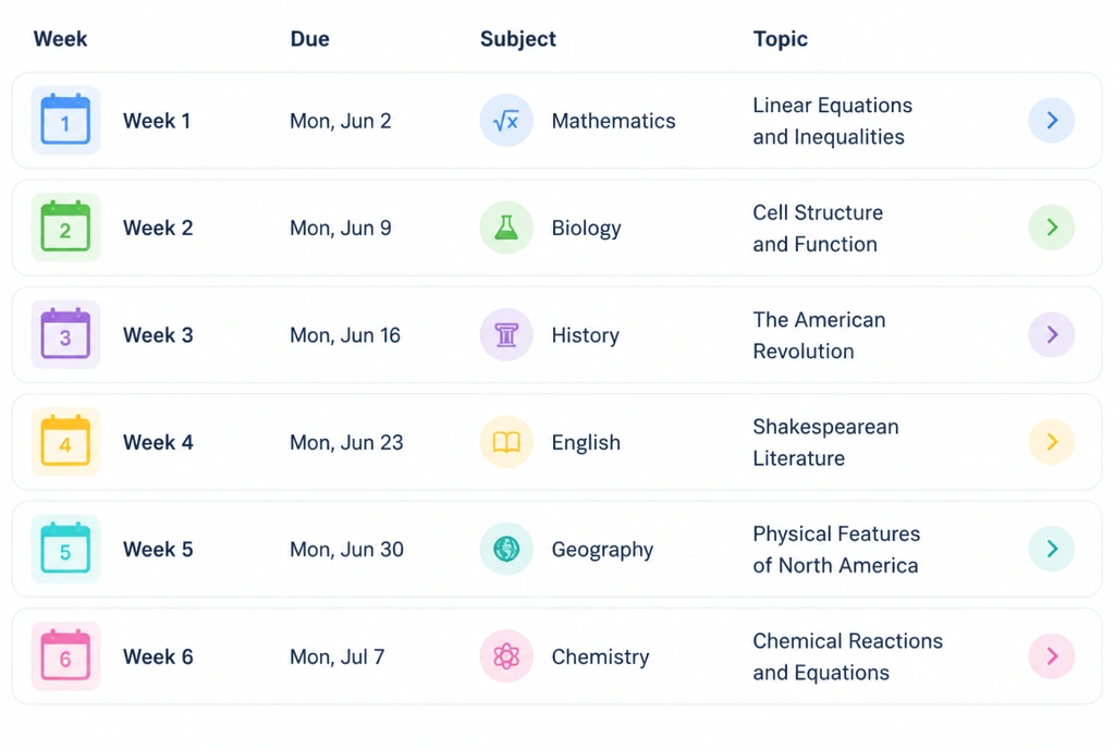 A content plan showing which subject is due each week