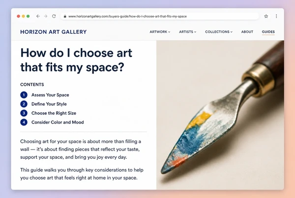 A buyer guide page on an art gallery website with a contents list and opening text