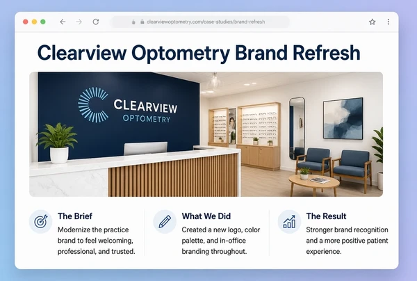 A case study page for an optometry practice showing the brief, the work and the result