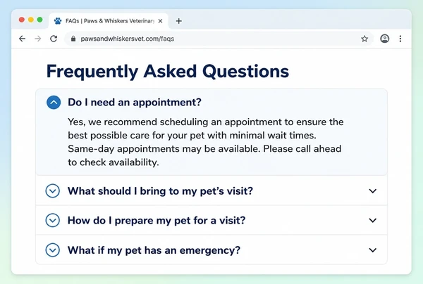 An FAQ page on a veterinary practice website with four questions and the first one open