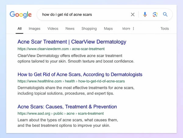 A Google results page where a dermatology clinic guide answers the customer's question