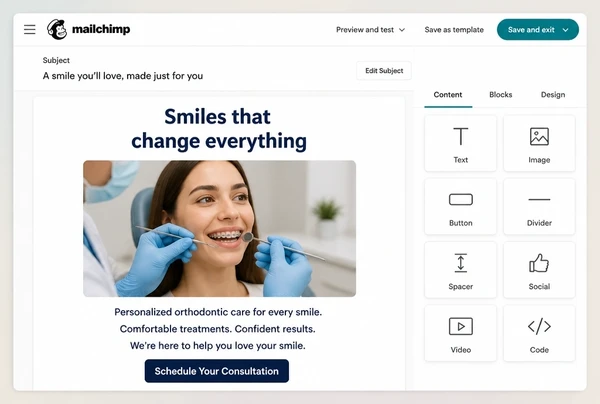 An orthodontic practice newsletter being built in Mailchimp with a headline, photograph and button