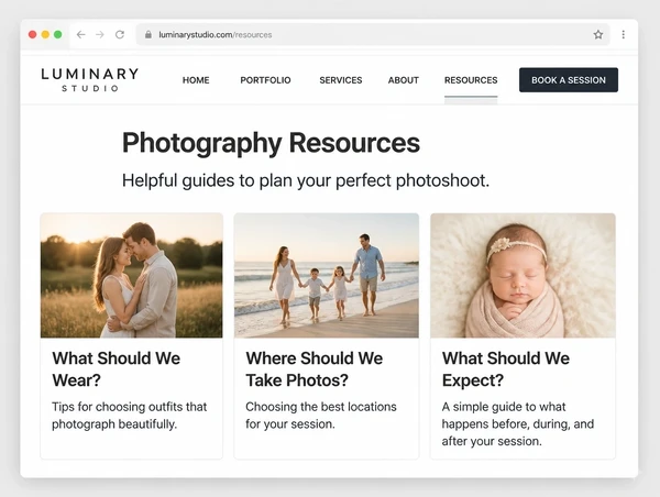 A resources hub on a photography studio website listing three guides as cards