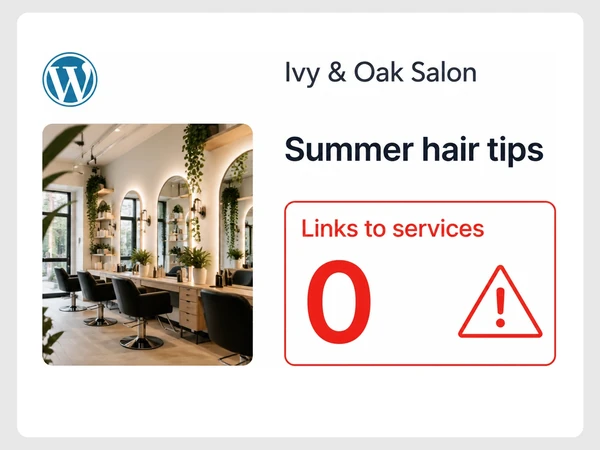 Ivy & Oak Salon's WordPress editor shows zero links to services beside its Summer hair tips article.