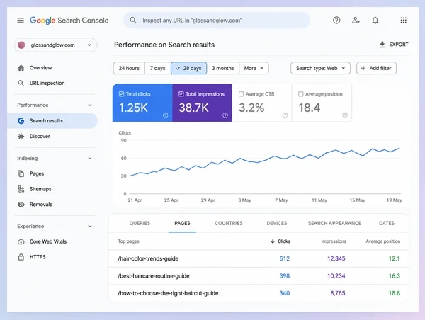 A Search Console screen showing three hair salon guides still earning clicks