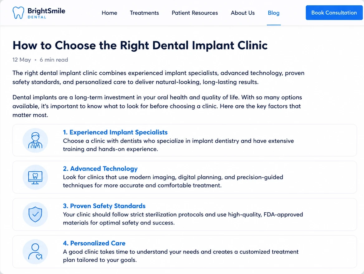 An article about choosing a dental implant clinic with the answer stated in the opening paragraph