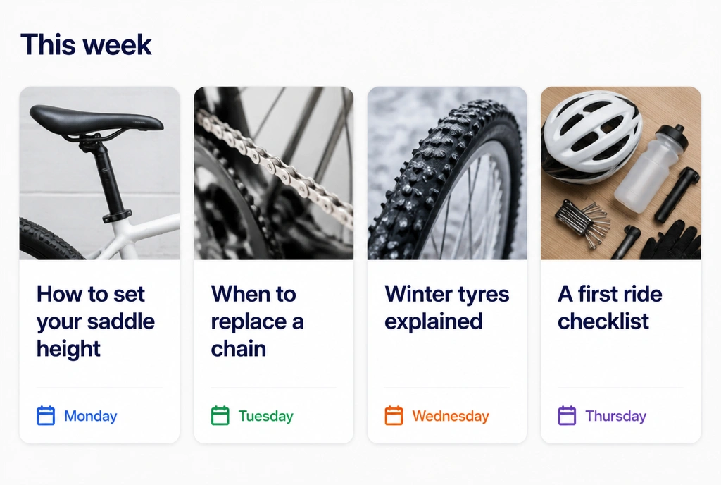 A planning panel headed This week with four cycling article cards in one row