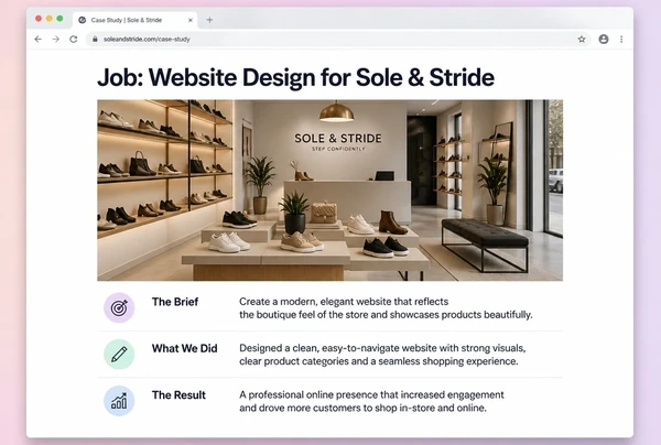 A case study page for a shoe boutique showing the brief, the work and the result