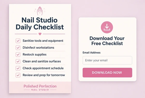 A downloadable nail studio checklist beside a short form asking for an email address