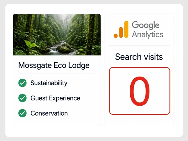 Mossgate Eco Lodge has three approved topics beside Google Analytics showing zero search visits.