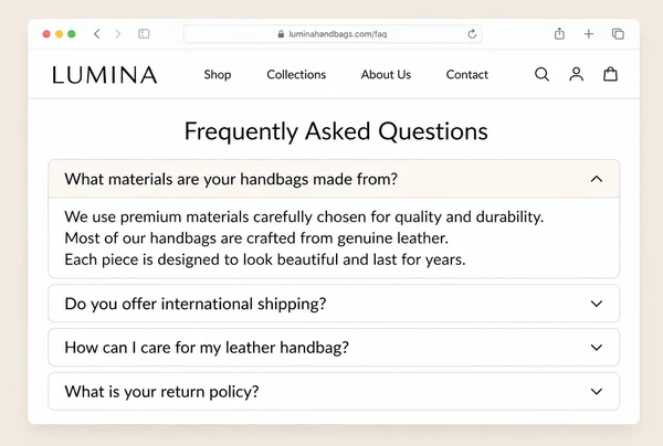 An FAQ page on a handbag brand website with four questions and the first one open