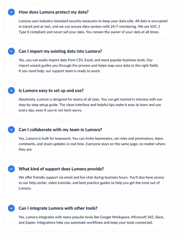 A frequently asked questions page with full written answers