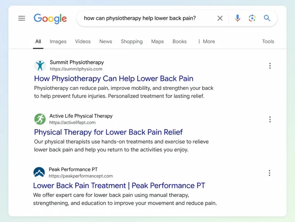 A Google results page where a physiotherapy practice guide answers the customer's question