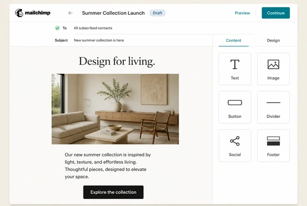 An interior design studio newsletter being built in Mailchimp with a headline, photograph and button