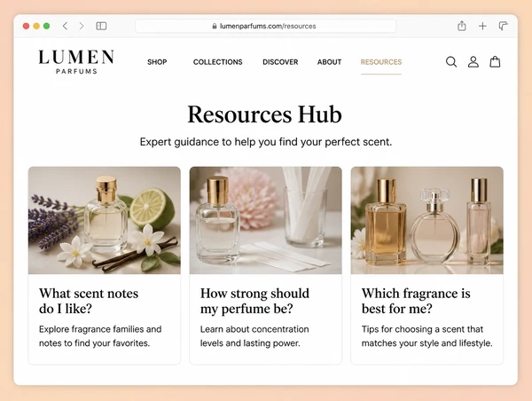 A resources hub on a perfumery website listing three guides as cards
