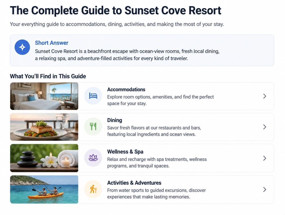A resort guide article opening with a short answer box