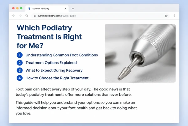 A buyer guide page on a podiatry practice website with a contents list and opening text