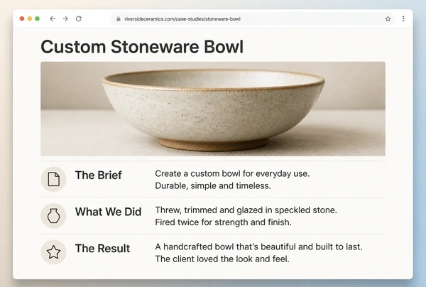 A case study page for a ceramics studio showing the brief, the work and the result