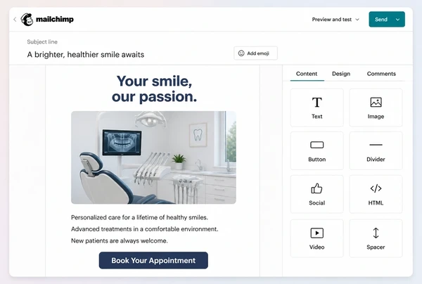 A dental practice newsletter being built in Mailchimp with a headline, photograph and button