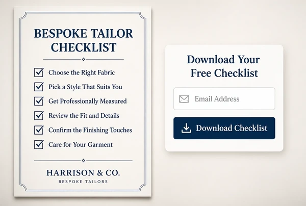 A downloadable bespoke tailor checklist beside a short form asking for an email address