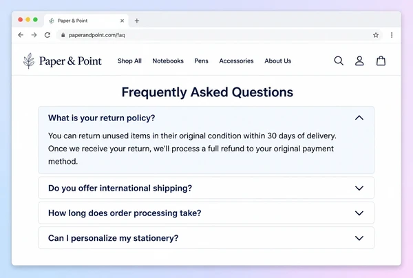 An FAQ page on a stationery brand website with four questions and the first one open