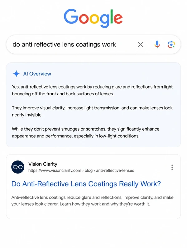 A Google results page for an anti reflective lens coating question with an AI overview