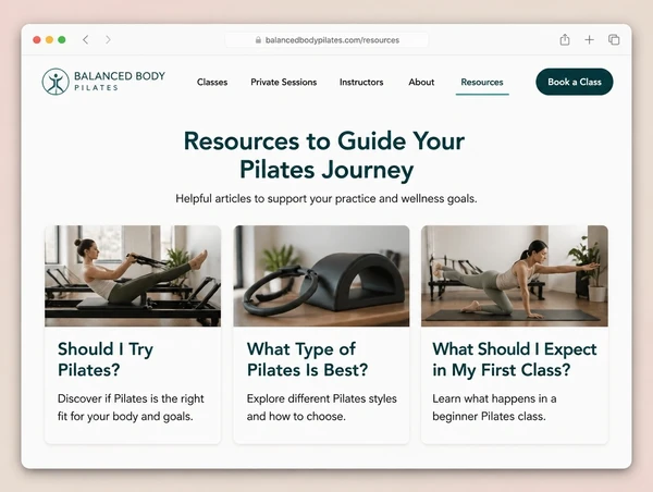 A resources hub on a pilates studio website listing three guides as cards