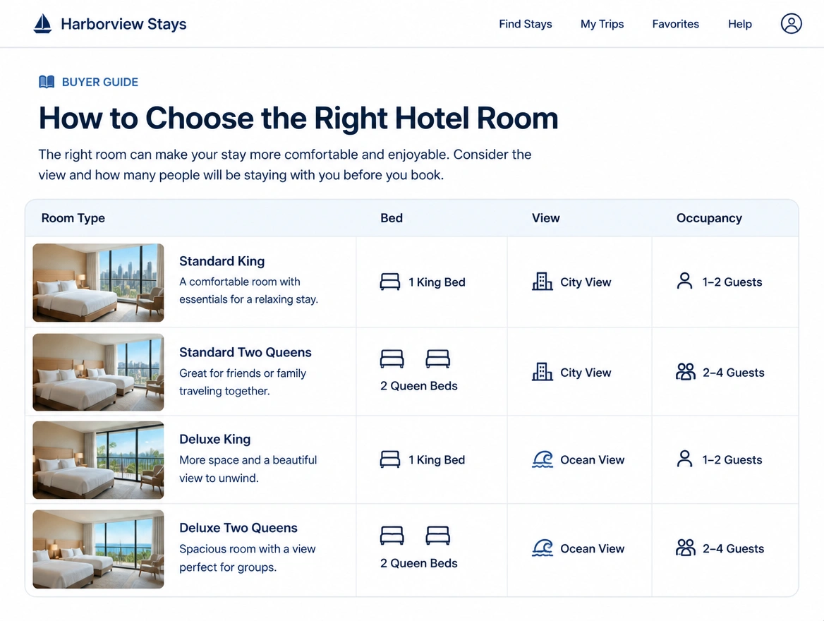 A buyer guide article about choosing a hotel room with a bed, view and occupancy comparison table