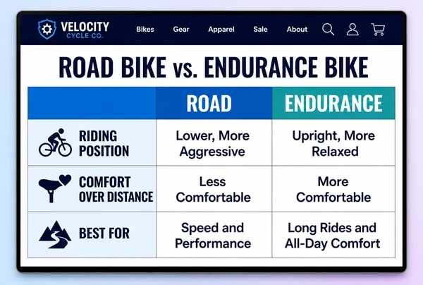A cycling comparison page weighing a road bike against an endurance bike across three rows