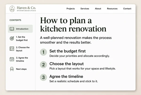 An interior design buyer guide page with a heading, a short intro and three numbered points
