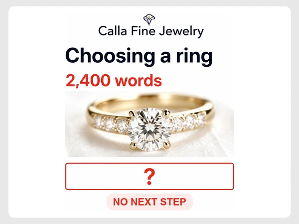 Calla Fine Jewelry's 2,400-word Choosing a ring article ends without a next-step button.