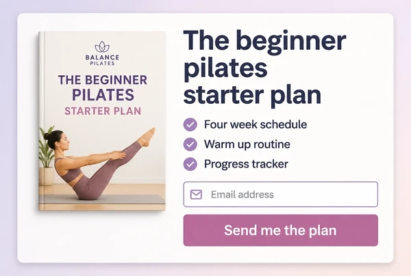 A pilates download page offering a starter plan with three tick lines and one email field