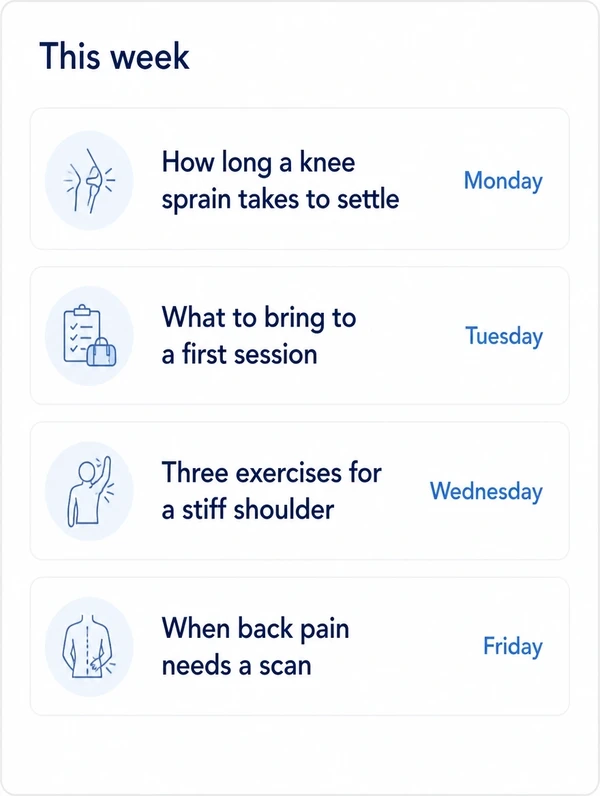 A schedule panel headed This week listing four physiotherapy article titles by weekday