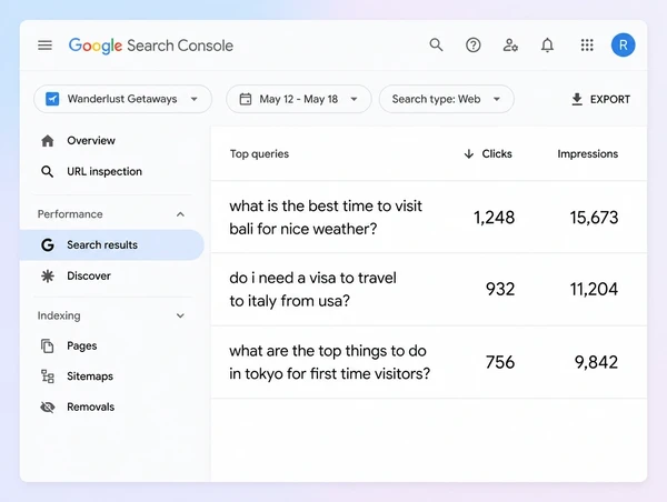 A Search Console queries report showing three questions travellers search before booking