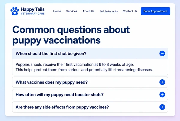 A veterinary questions page with four questions listed and the first one open