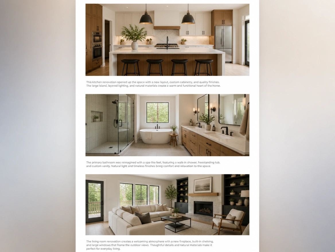 A project page with kitchen, bathroom and living room renovation photographs, each with a write-up