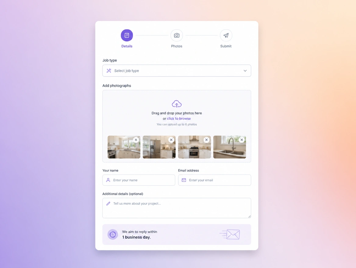 A three step quote request form with job type, uploaded site photographs and contact fields