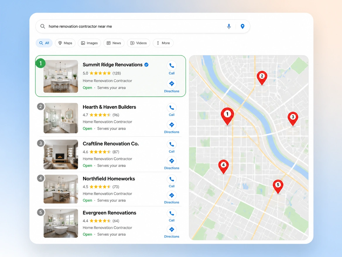 A local search results page for a home renovation contractor, with star ratings, call and directions buttons beside a map of nearby results