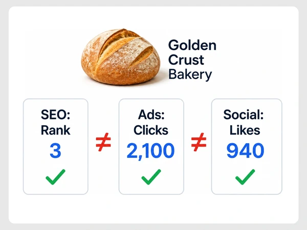 Golden Crust Bakery shows SEO rank 3, Ads clicks 2,100, and Social likes 940 separated by red not-equal signs.