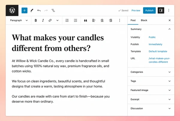 A candle maker article answering a buying question open in the WordPress editor