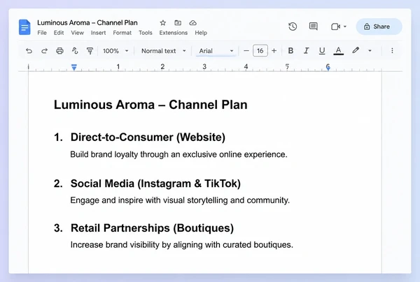 A channel plan in Google Docs naming three channels for a perfumery
