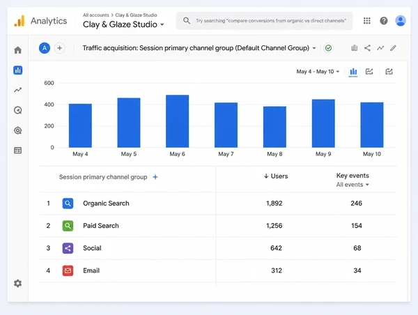 Four channels bringing customers to a ceramics studio site in Google Analytics