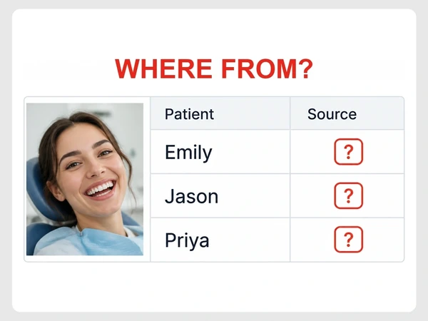 Brightside Dental lists Emily, Jason, and Priya with red question marks for every patient source.