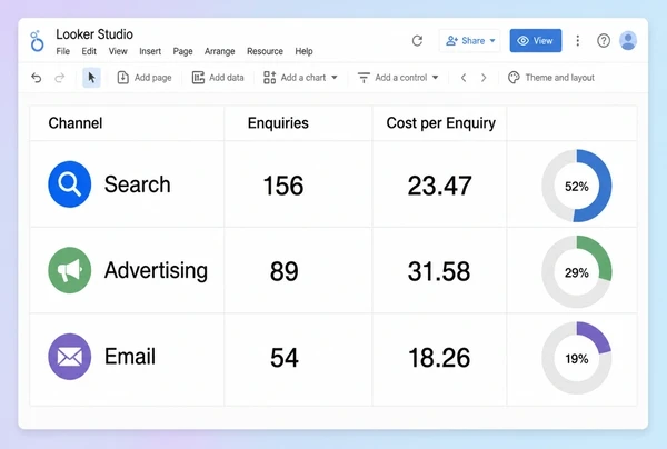 A Looker Studio report showing which channel produced each day spa enquiry